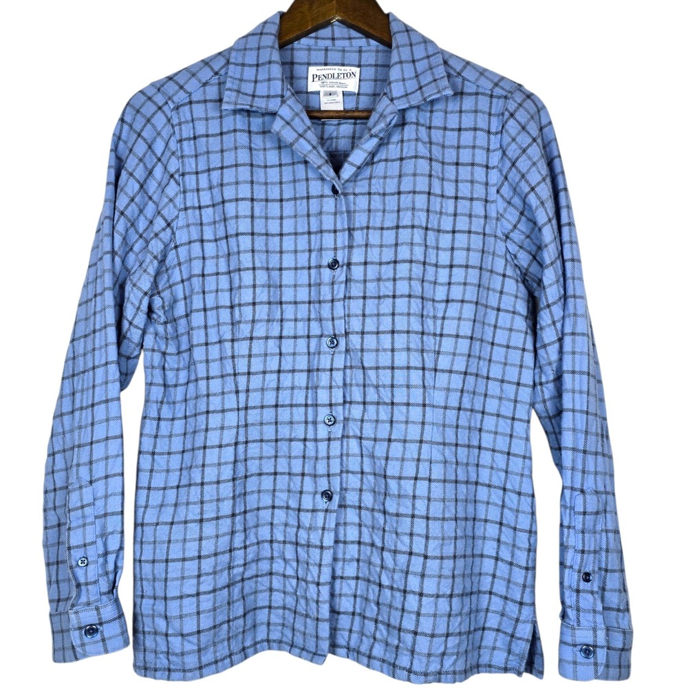 Pendleton Trail Shirt Womens Small 100% Virgin Wool Blue Gray Check Plaid Button